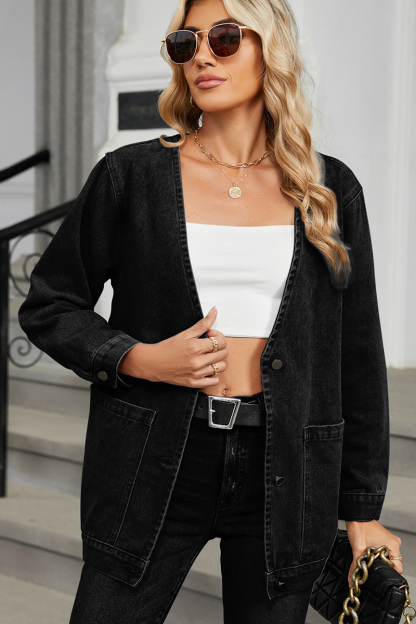 Casual V-Neck Single Breasted Washed Denim Jacket