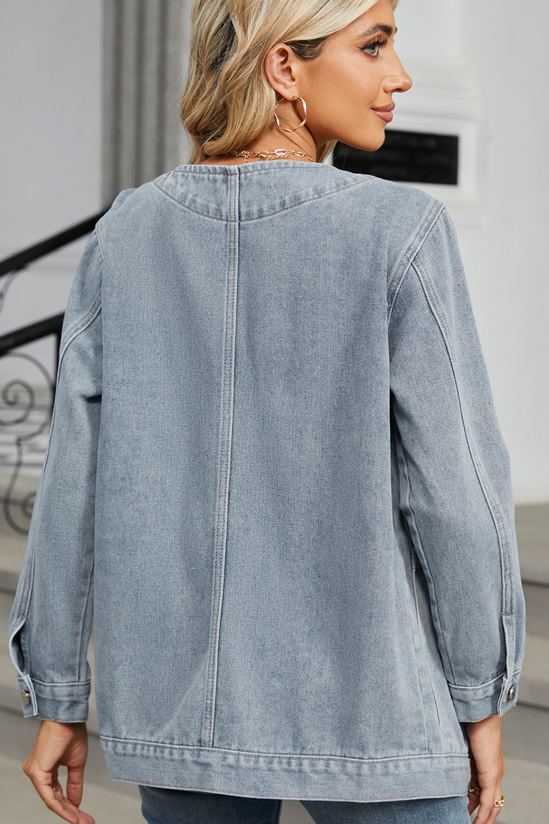 Casual V-Neck Single Breasted Washed Denim Jacket