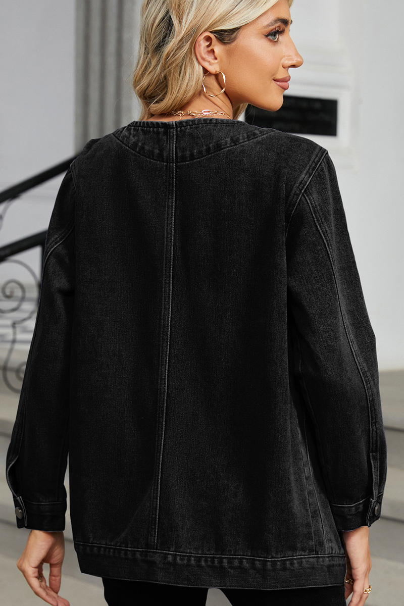 Casual V-Neck Single Breasted Washed Denim Jacket