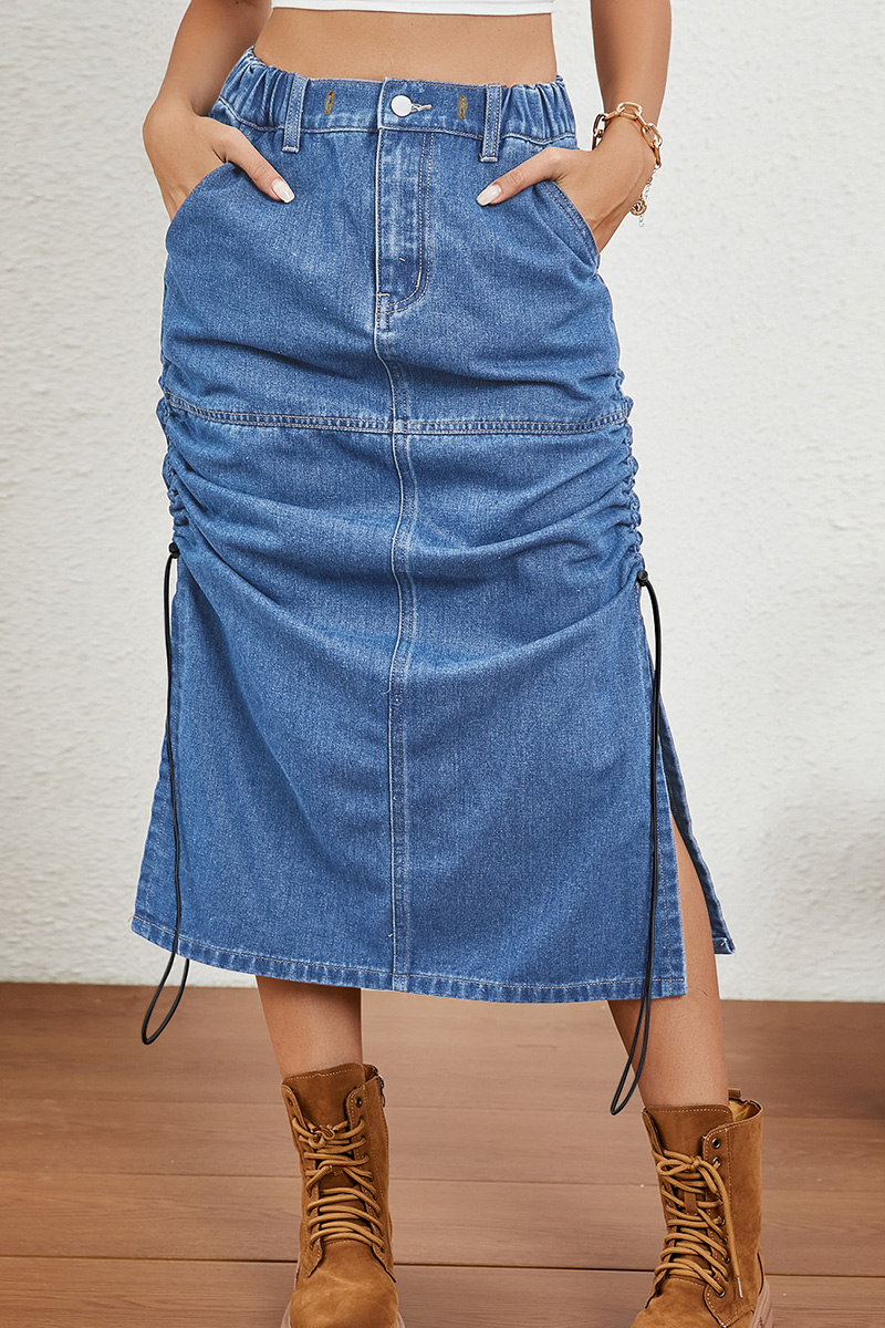 Casual Side Drawstring Elastic Waist Washed Denim Skirt
