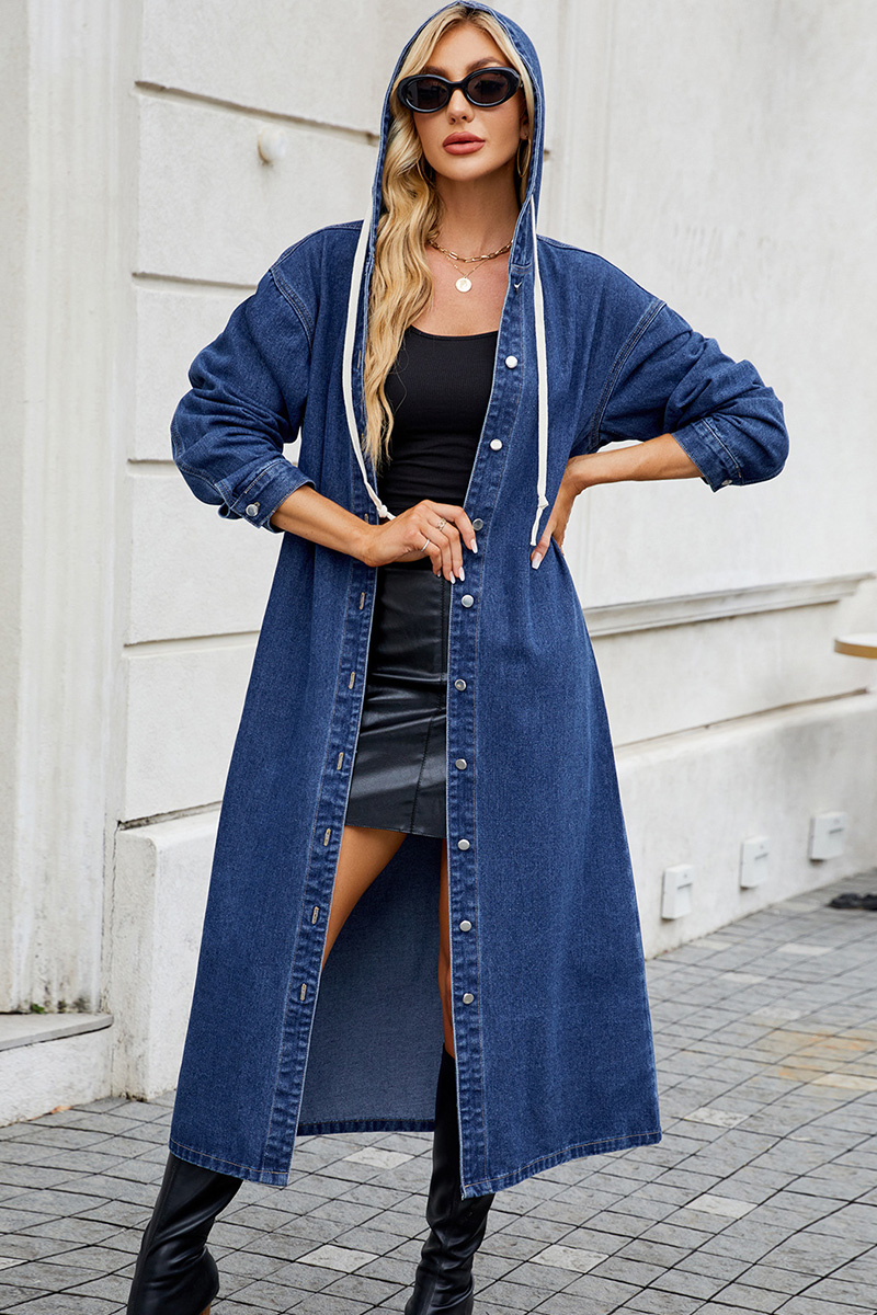 Casual Hooded Washed Long Denim Trench Coat