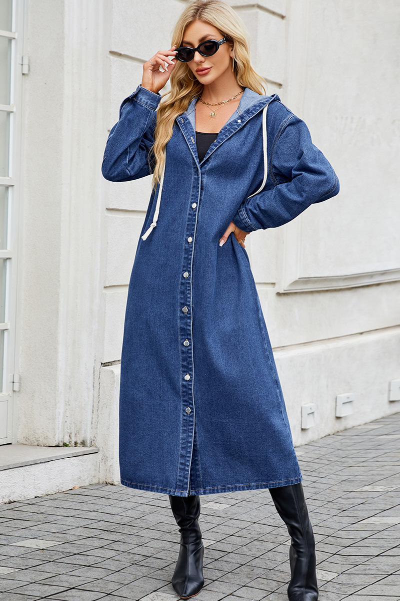 Casual Hooded Washed Long Denim Trench Coat