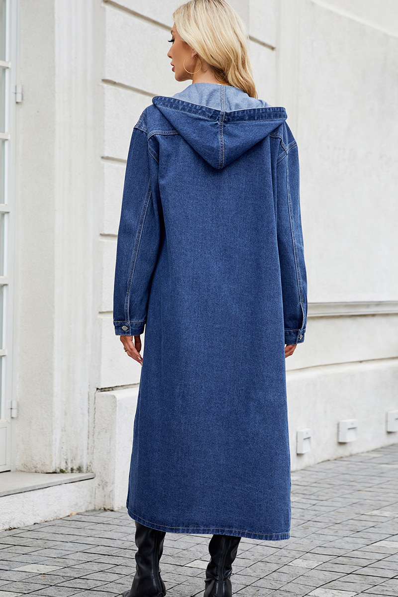 Casual Hooded Washed Long Denim Trench Coat