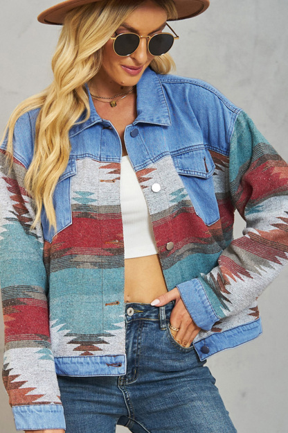 Casual Pattern Panel Washed Cropped Denim Jacket