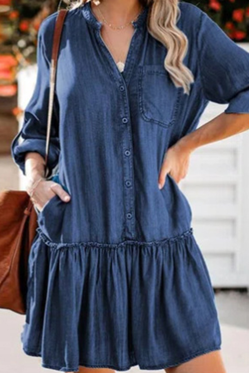 Casual Ruffle Hem Panel Denim Dress