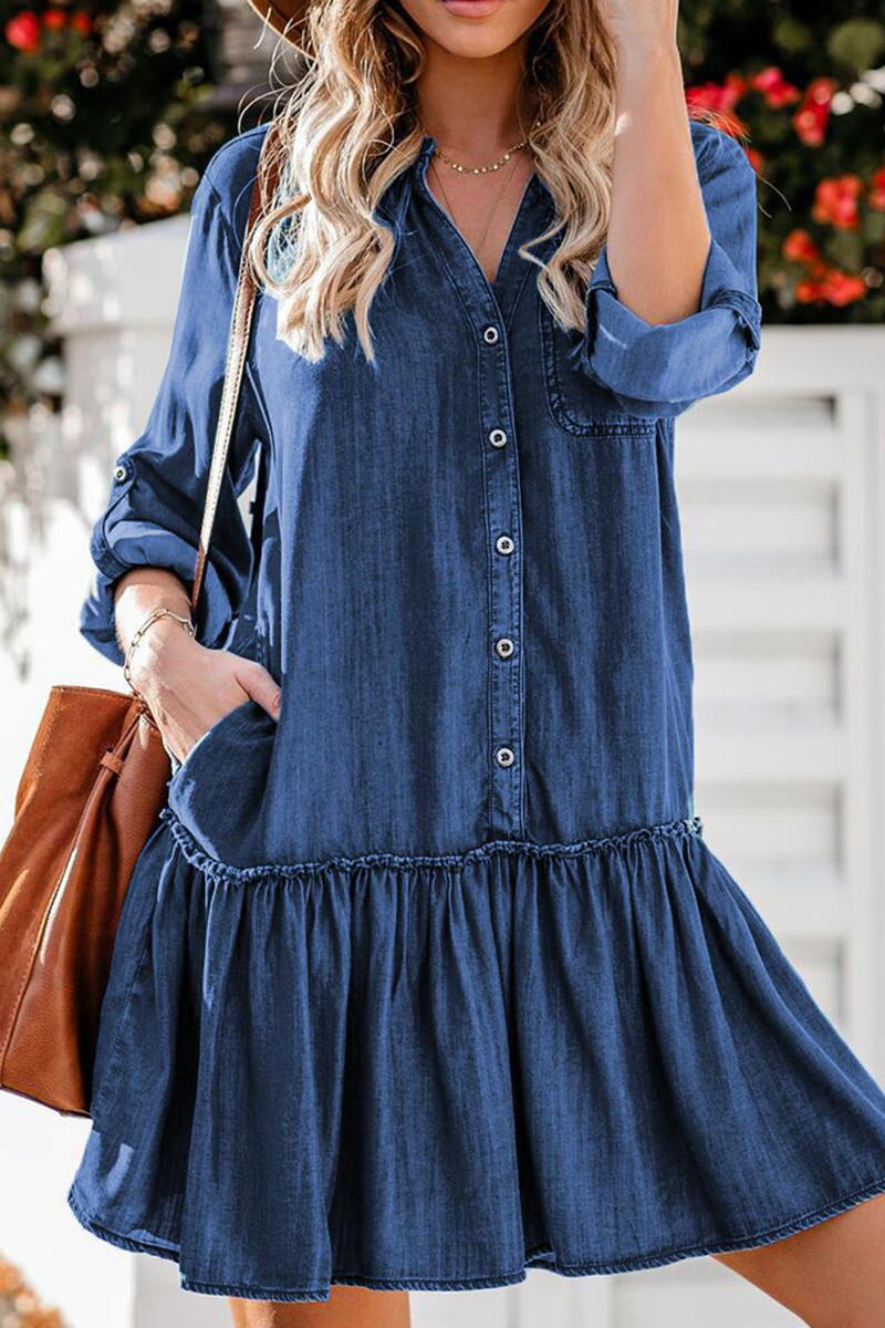 Casual Ruffle Hem Panel Denim Dress