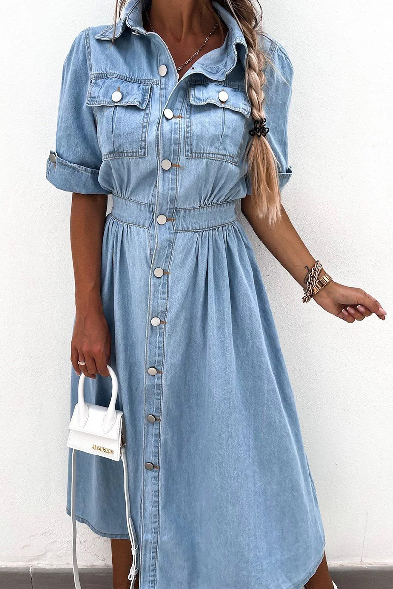 Fashion Lapel Waist Cinching Denim Dress