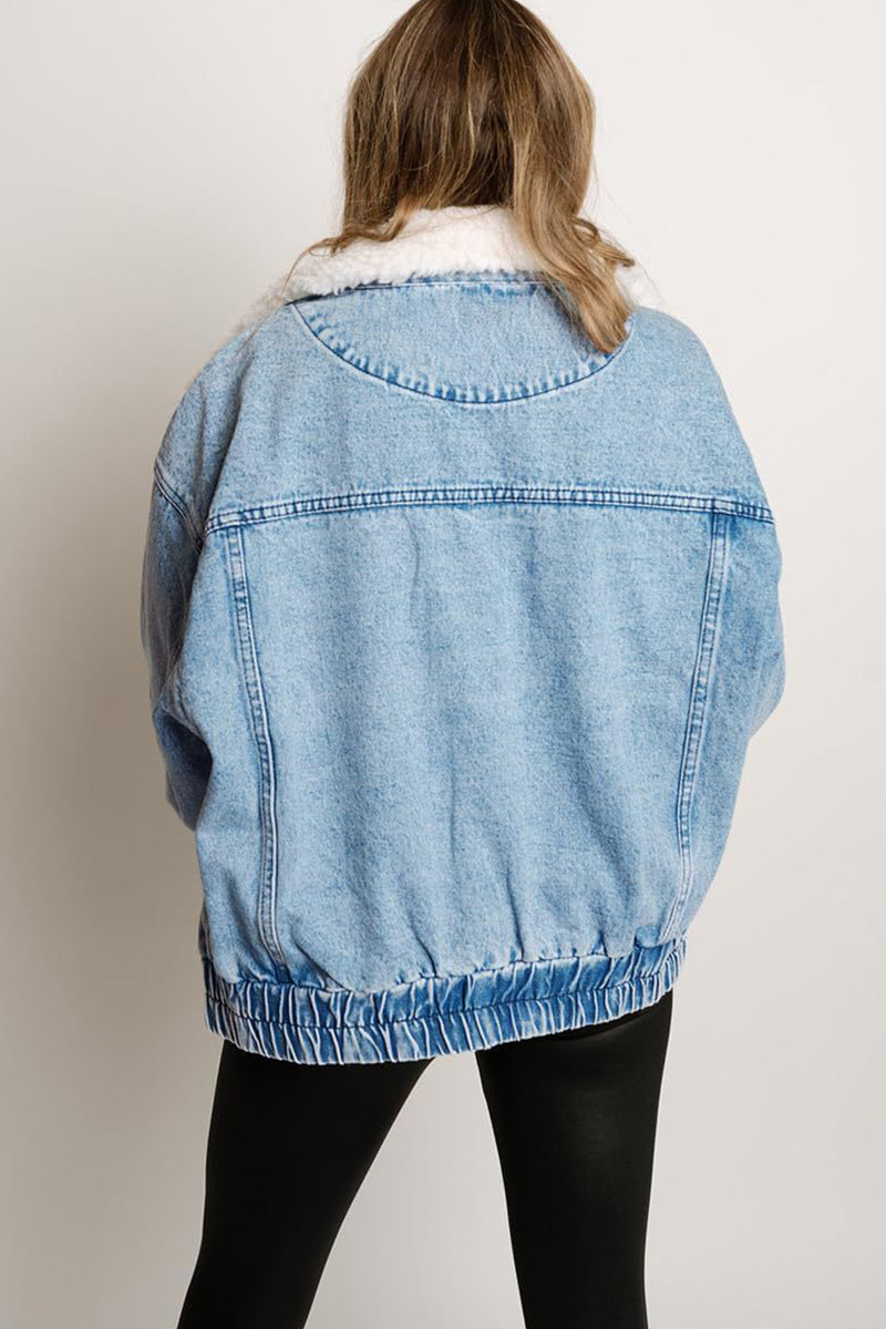 Casual Plush Lapel Washed Denim Jacket