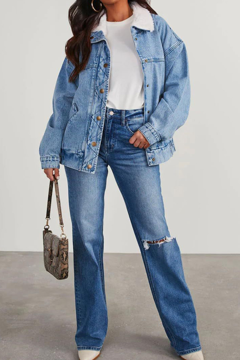 Casual Plush Lapel Washed Denim Jacket
