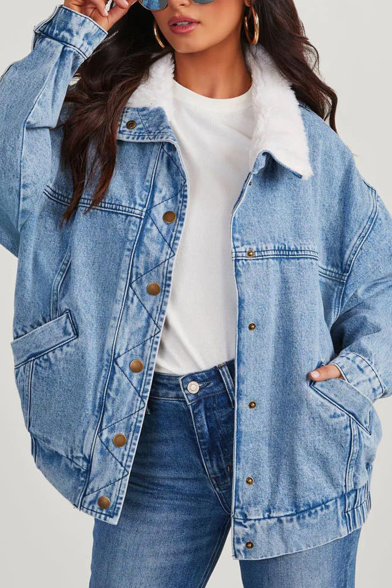 Casual Plush Lapel Washed Denim Jacket