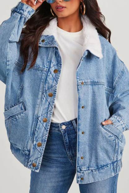 Casual Plush Lapel Washed Denim Jacket