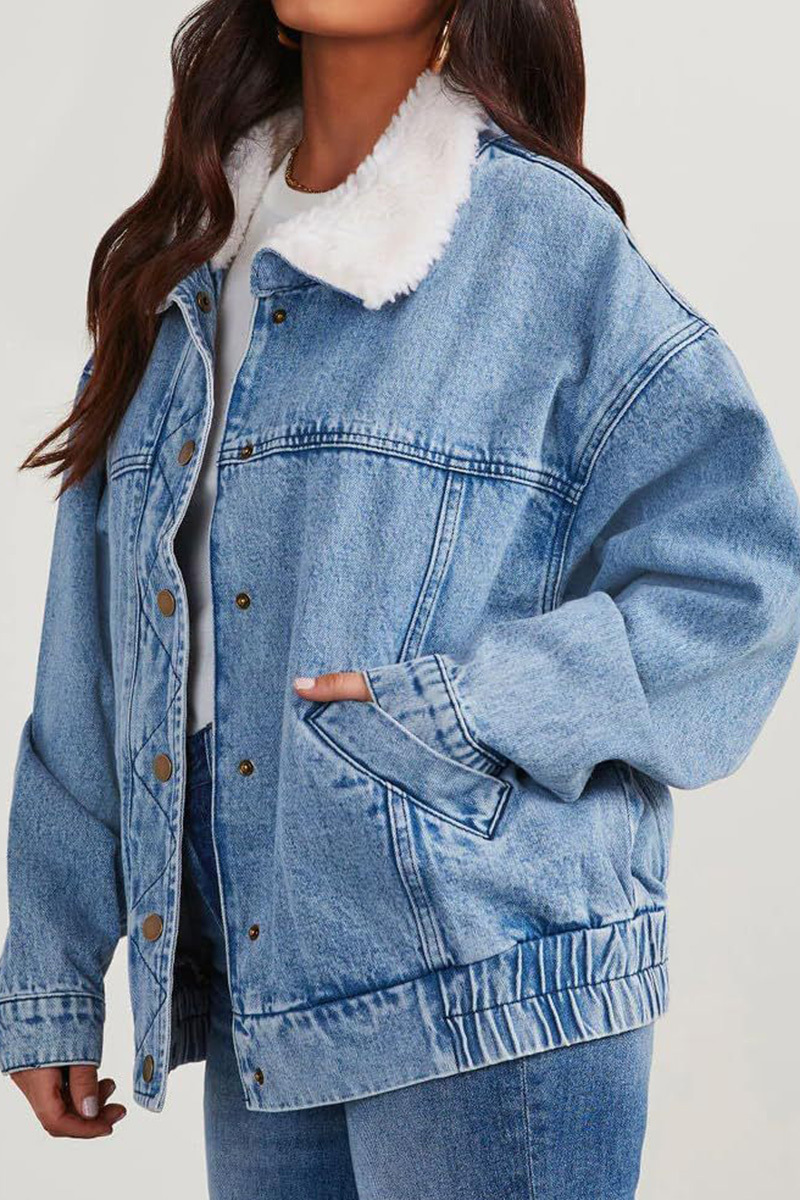 Casual Plush Lapel Washed Denim Jacket