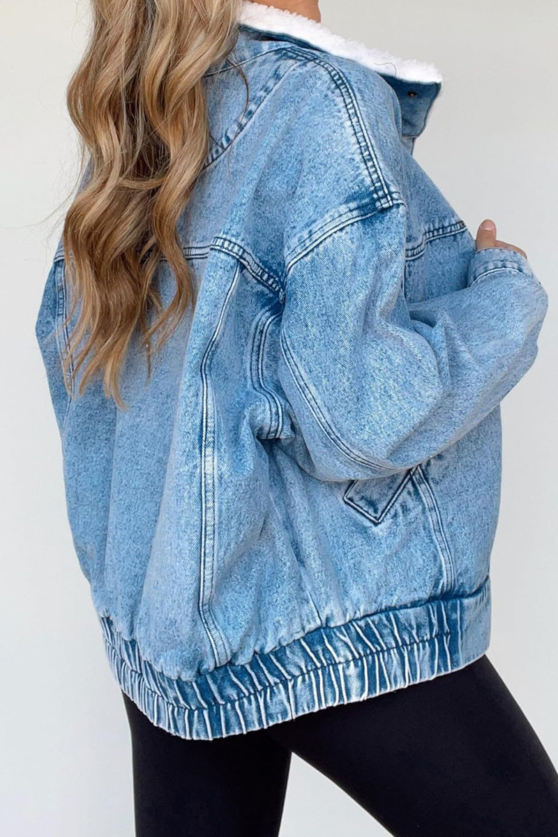 Casual Plush Lapel Washed Denim Jacket
