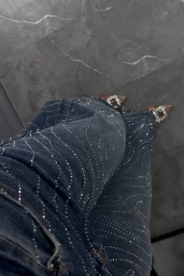 Women's Panel Hotfix Rhinestone Wide Leg Jeans