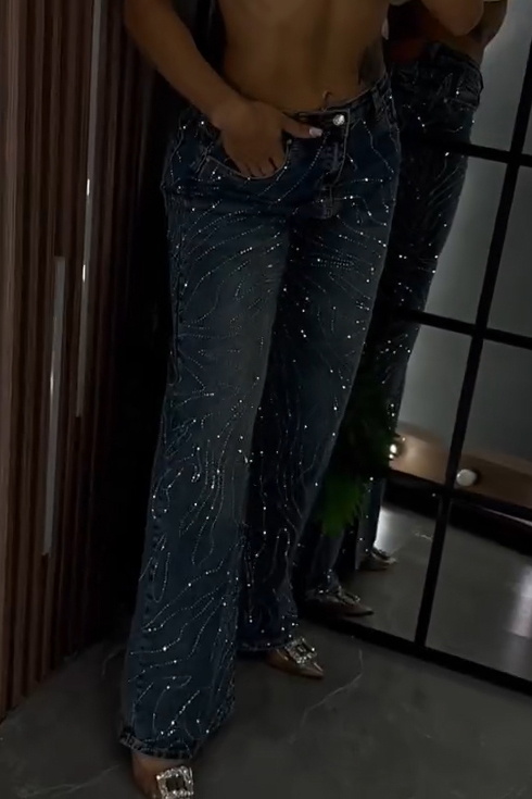 Women's Panel Hotfix Rhinestone Wide Leg Jeans