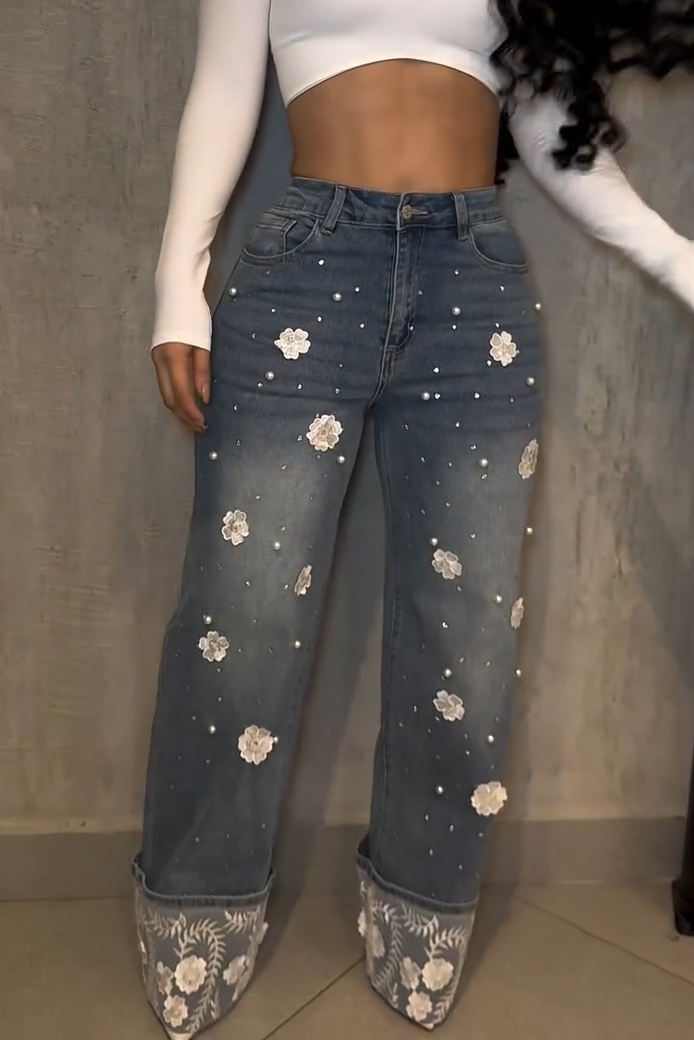 Fashion Beaded Sheer Mesh Panel Hem Jeans
