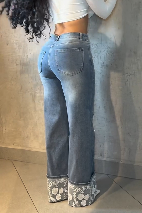 Fashion Beaded Sheer Mesh Panel Hem Jeans