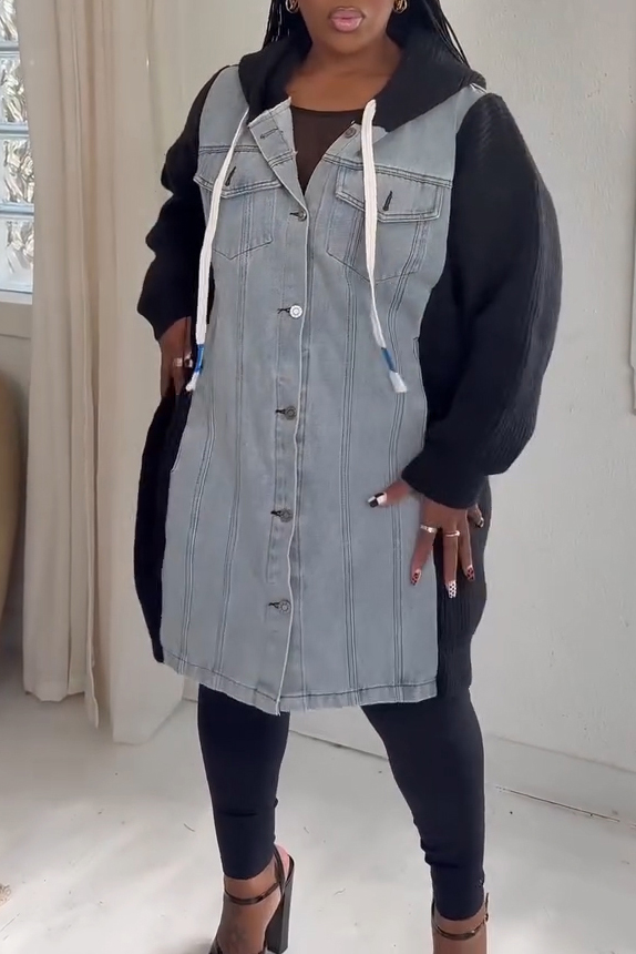 Casual Knit Panel Hooded Denim Coat