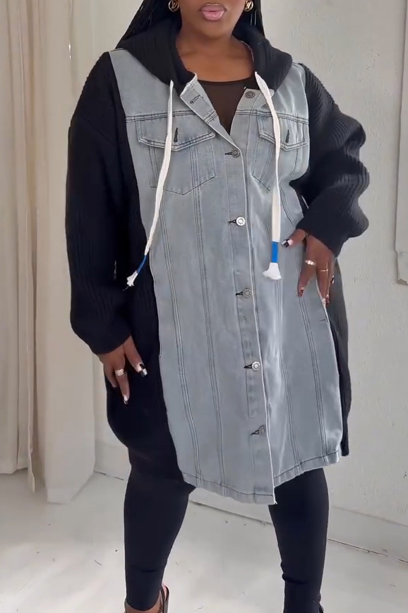 Casual Knit Panel Hooded Denim Coat