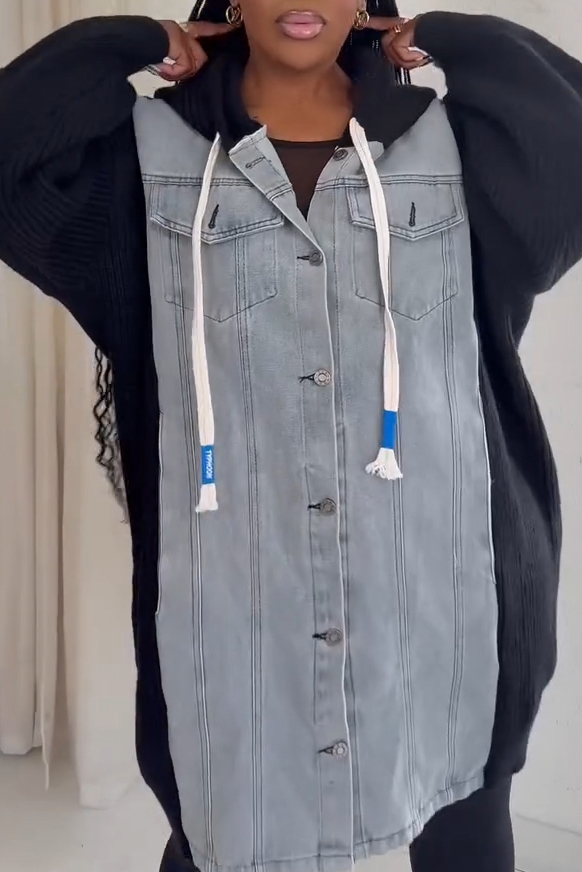 Casual Knit Panel Hooded Denim Coat