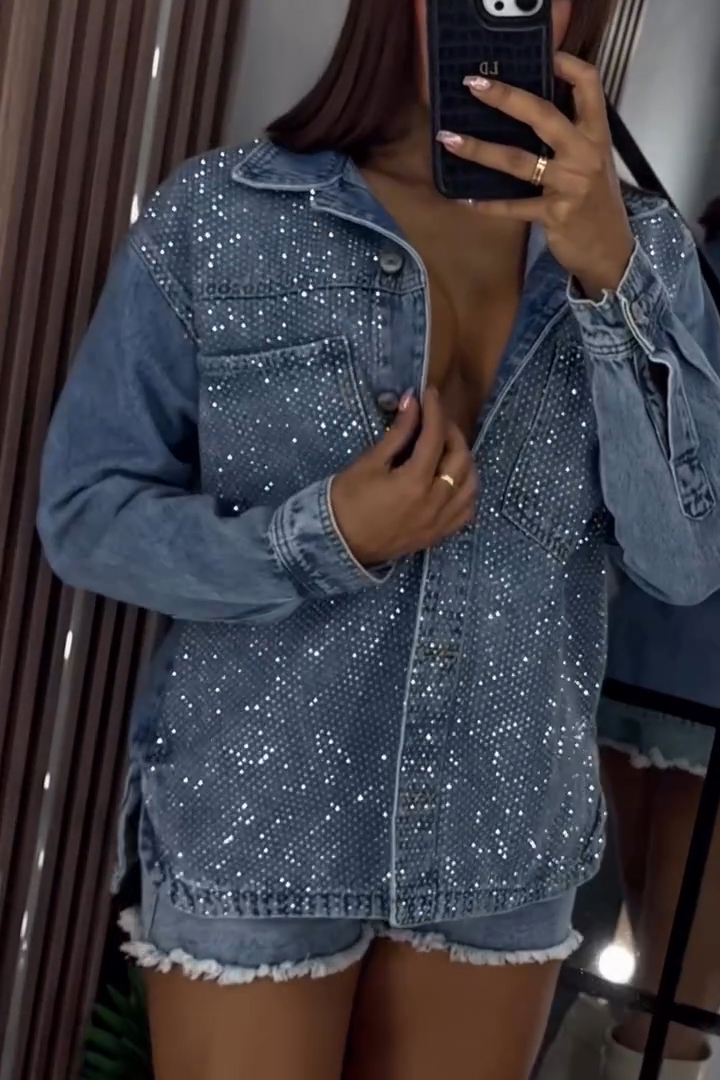 Casual Lapel Hotfix Rhinestone Denim Jacket