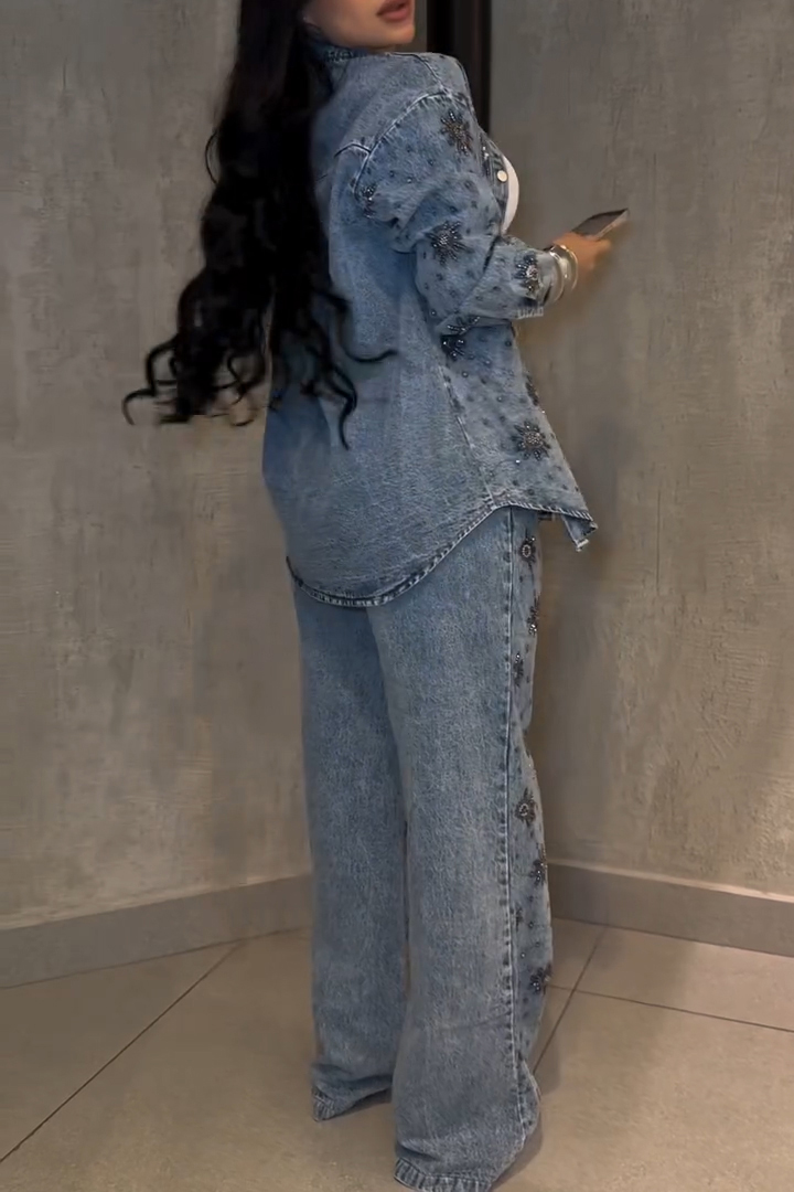 Fashion Rhinestone Floral Jacket + Elastic Waist Wide Leg Jeans