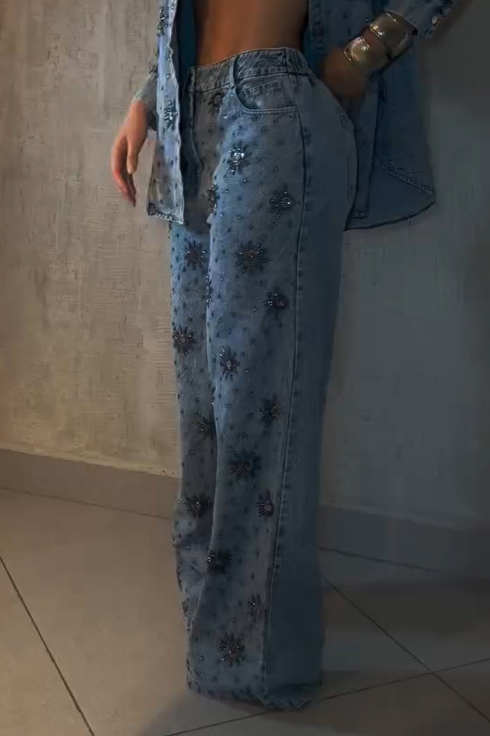 Fashion Rhinestone Floral Jacket + Elastic Waist Wide Leg Jeans