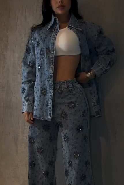 Fashion Rhinestone Floral Jacket + Elastic Waist Wide Leg Jeans