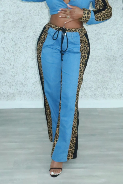Designer Leopard Print Panel Cropped Jacket + Panel Jeans