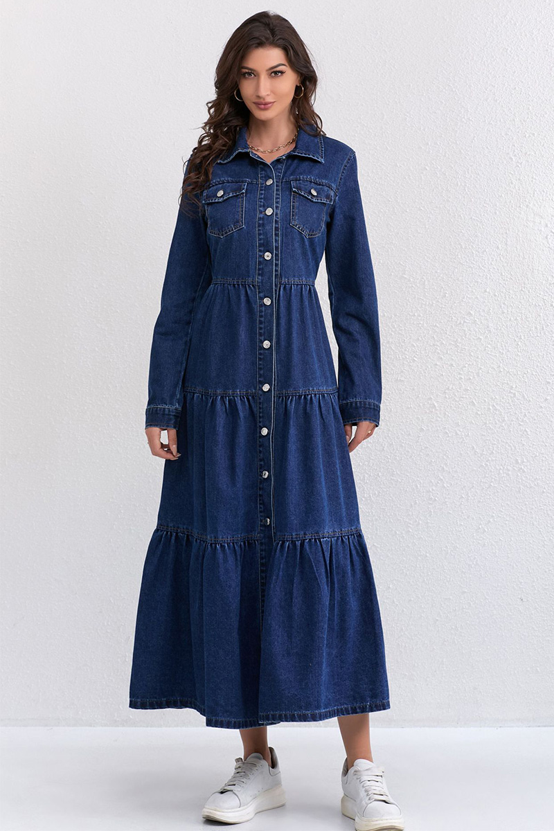 Women Lapel Stitching Buttoned Casual Denim Dress
