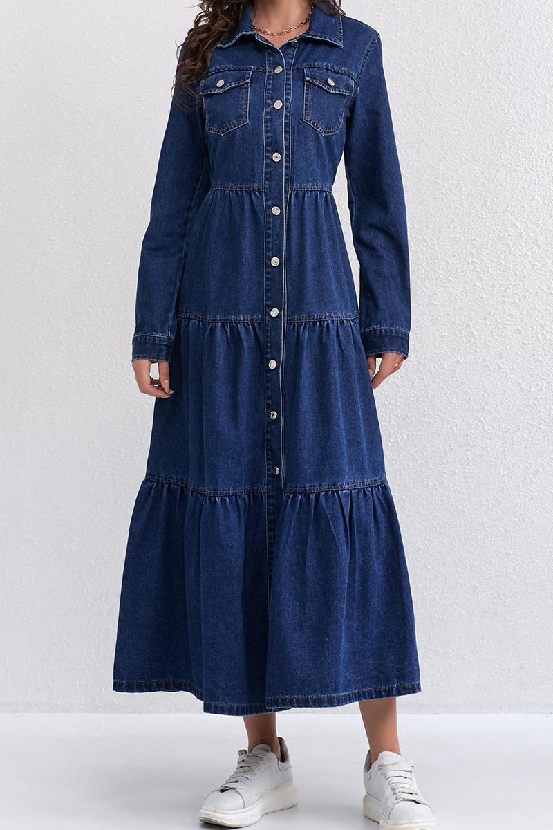 Women Lapel Stitching Buttoned Casual Denim Dress