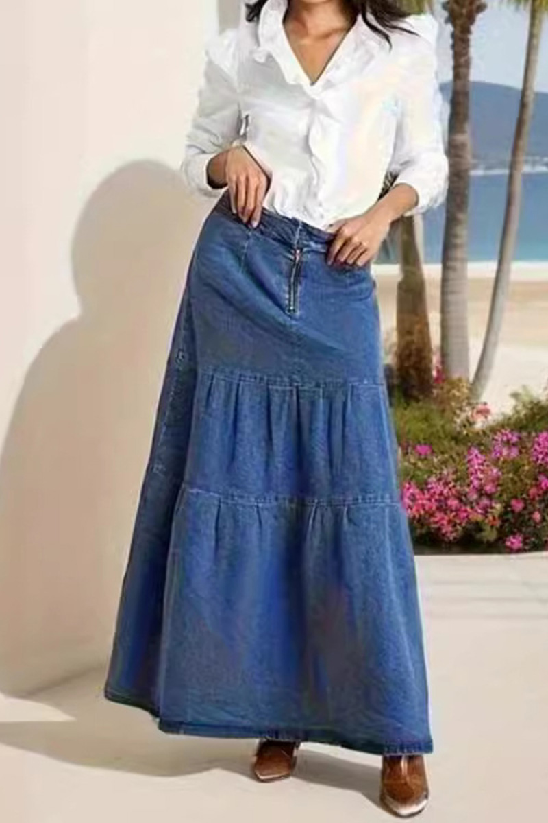 Women Fashion Slit Washed Denim Skirt