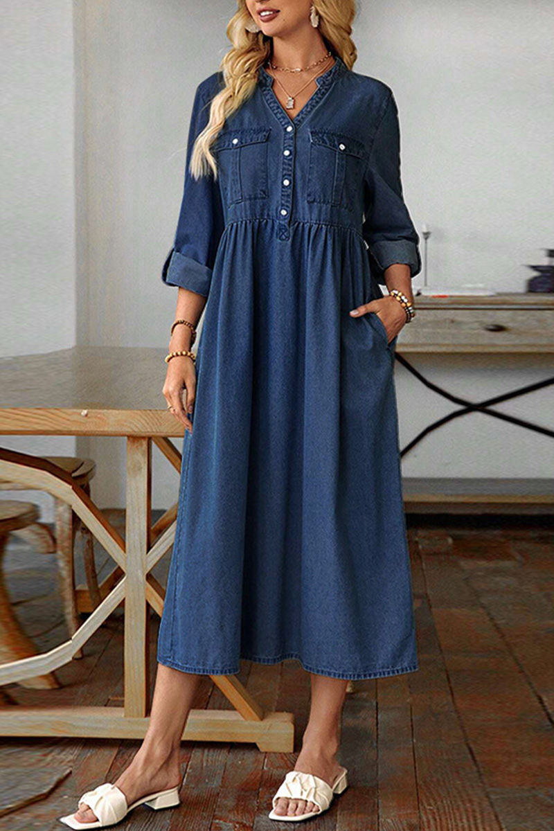 Women Long-sleeved V-neck New Denim Long Dress