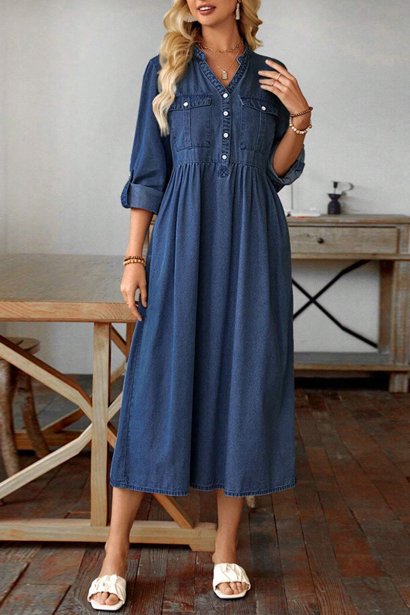 Women Long-sleeved V-neck New Denim Long Dress