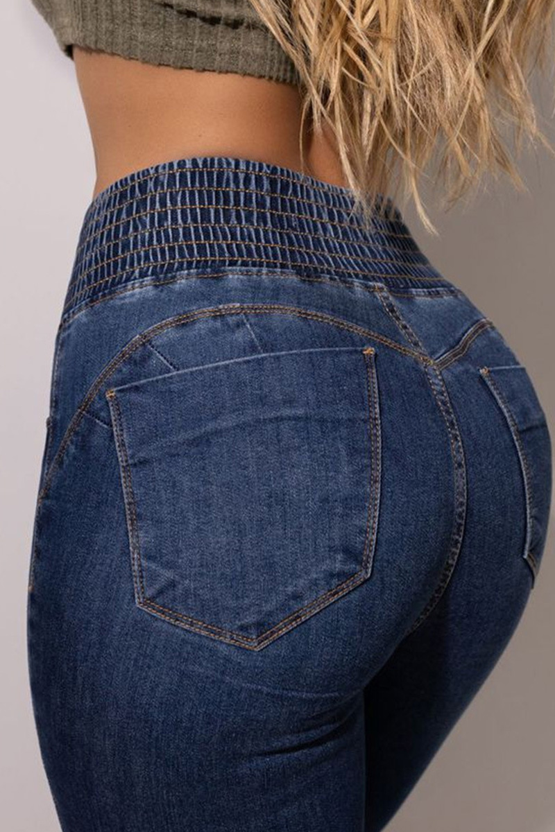 Women Elastic High Waist Button Slim Wide Leg Long Jeans