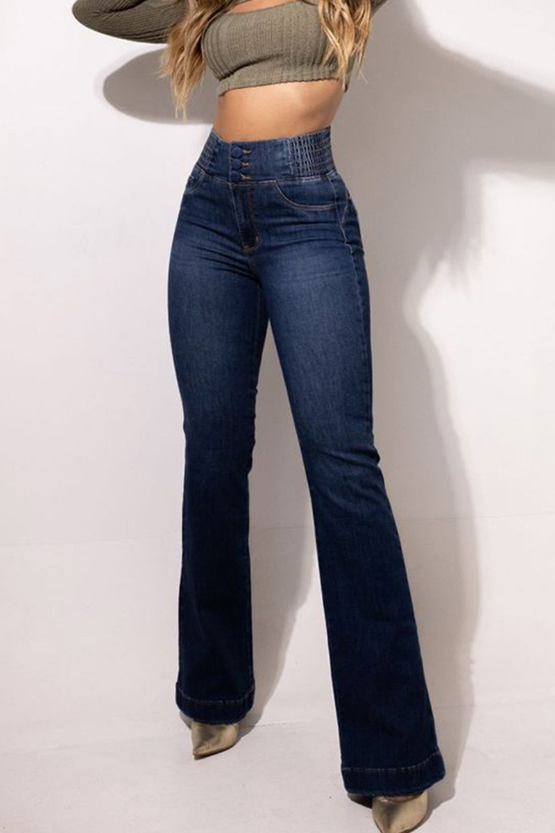Women Elastic High Waist Button Slim Wide Leg Long Jeans
