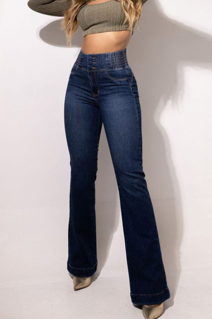 Women Elastic High Waist Button Slim Wide Leg Long Jeans