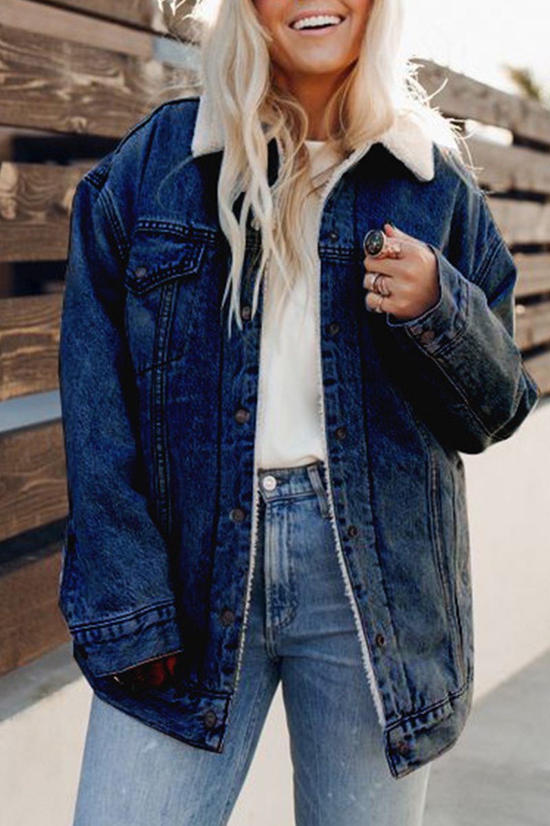 Women Loose Casual Plus Velvet Thickened Fashionable Lapel Long-sleeved Denim Jacket