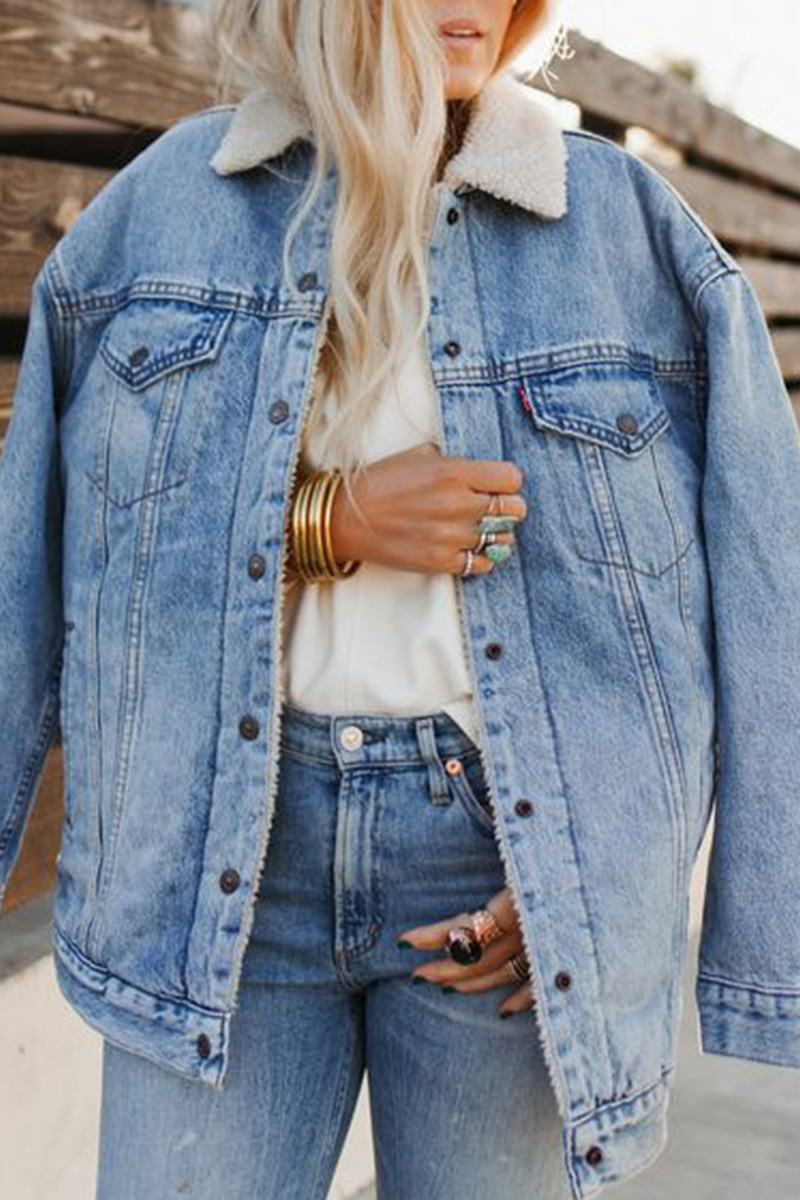 Women Loose Casual Plus Velvet Thickened Fashionable Lapel Long-sleeved Denim Jacket