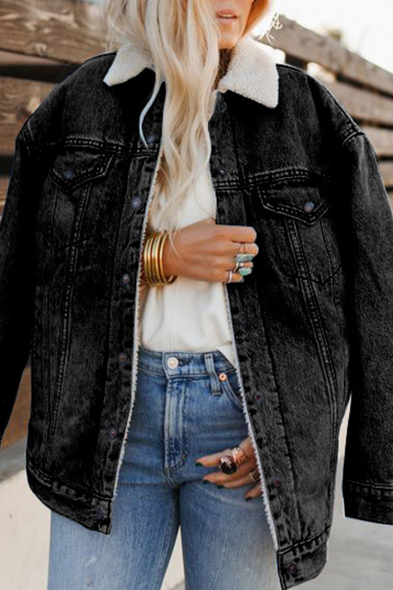 Women Loose Casual Plus Velvet Thickened Fashionable Lapel Long-sleeved Denim Jacket