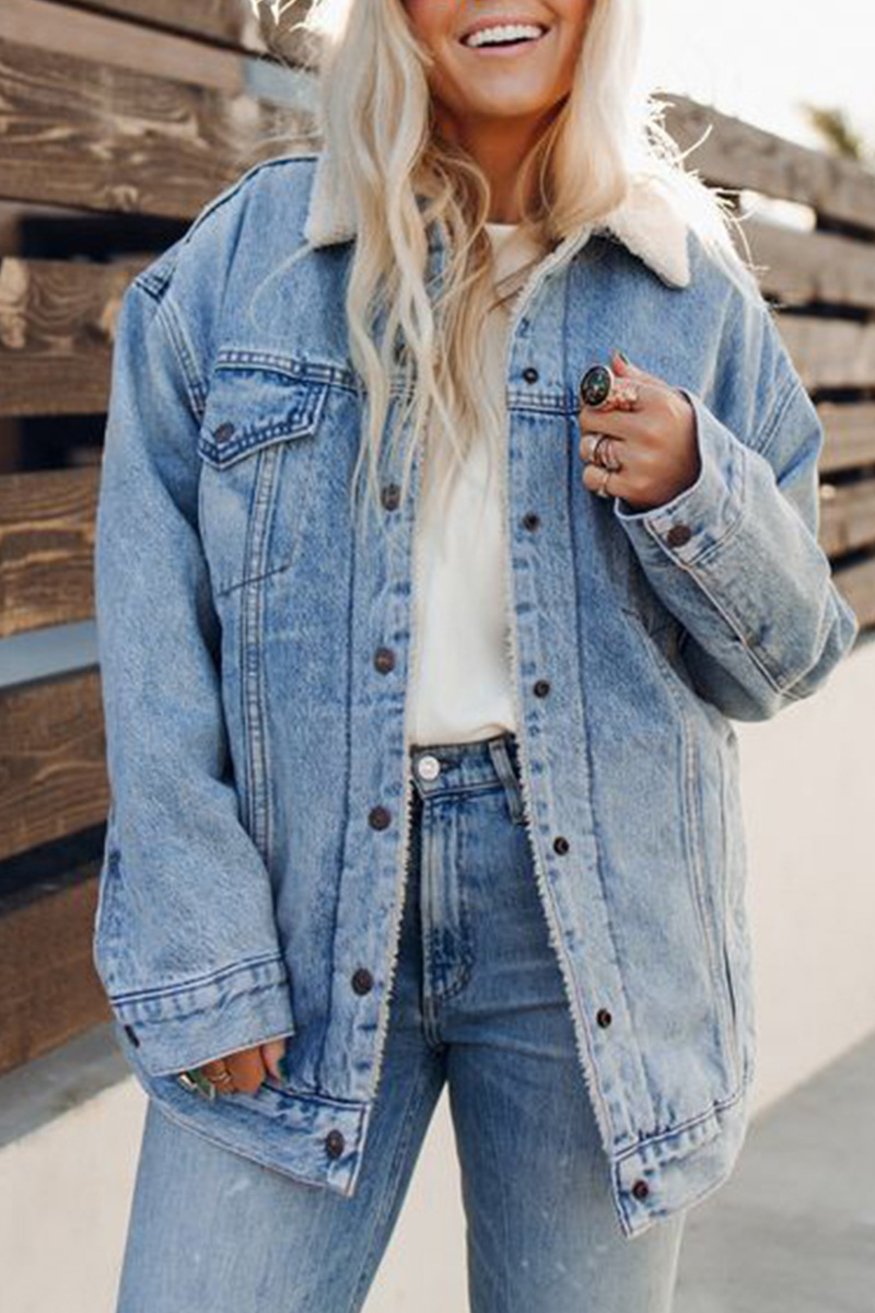 Women Loose Casual Plus Velvet Thickened Fashionable Lapel Long-sleeved Denim Jacket