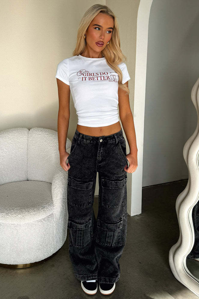Retro Pocket Washed Straight Leg Cargo Wide Leg Denim Jeans