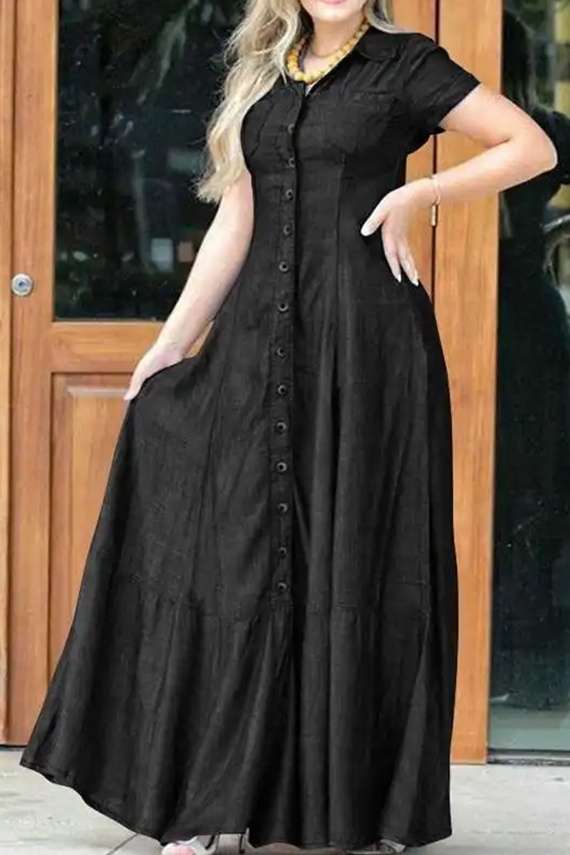 Women Shirt Collar Pocket Flared Casual Denim Dress