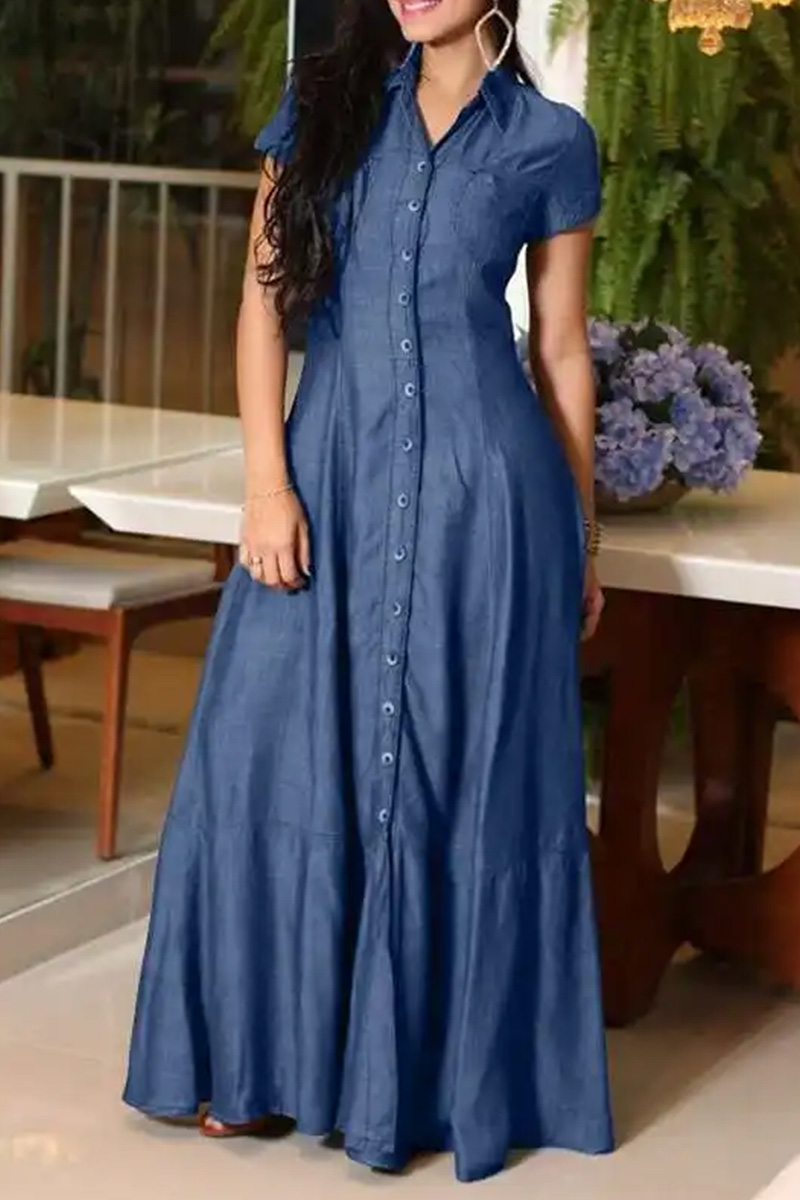 Women Shirt Collar Pocket Flared Casual Denim Dress