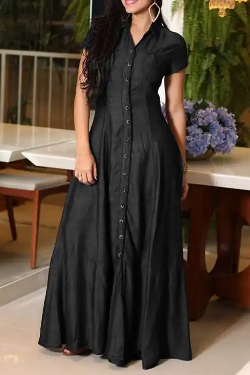 Women Shirt Collar Pocket Flared Casual Denim Dress