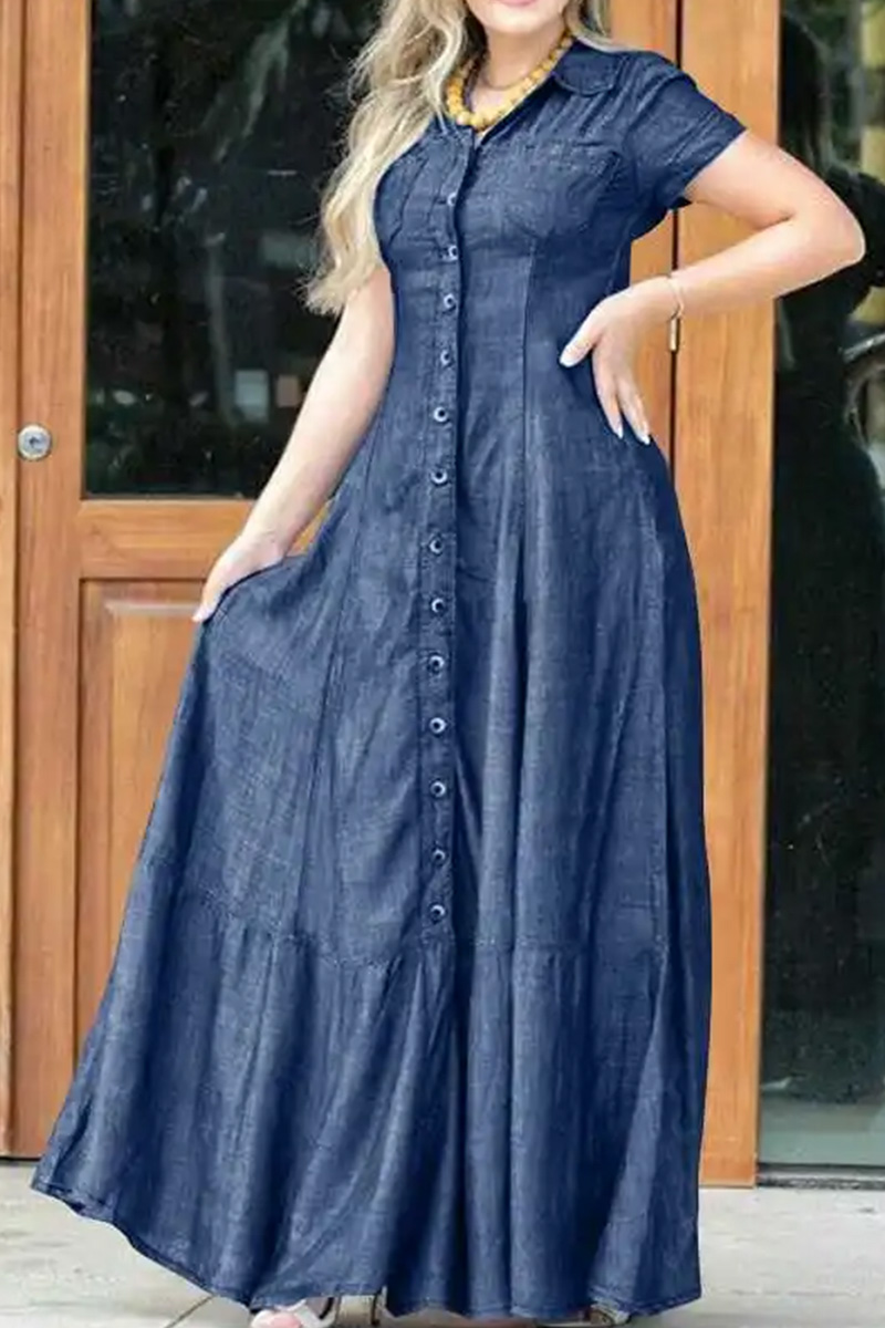 Women Shirt Collar Pocket Flared Casual Denim Dress