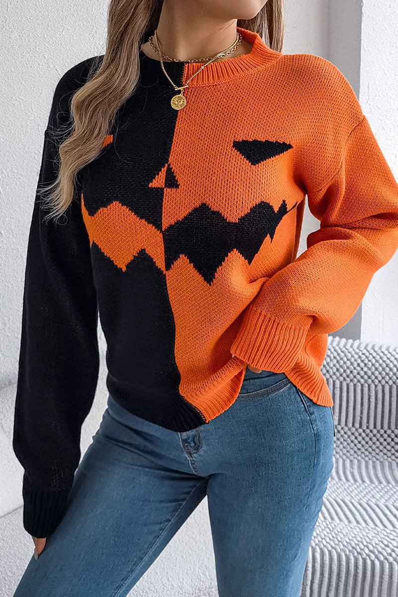 Women Halloween Ghost Pumpkin Contrast Long Sleeve Pullover Sweater