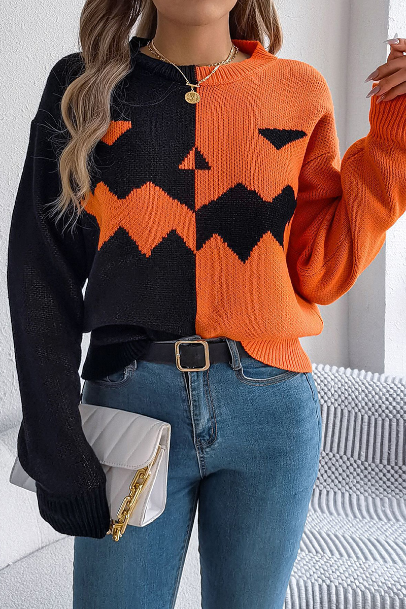 Women Halloween Ghost Pumpkin Contrast Long Sleeve Pullover Sweater