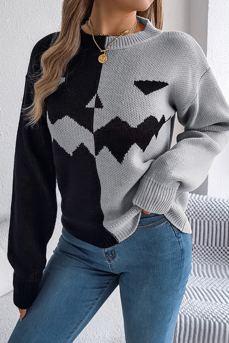 Women Halloween Ghost Pumpkin Contrast Long Sleeve Pullover Sweater