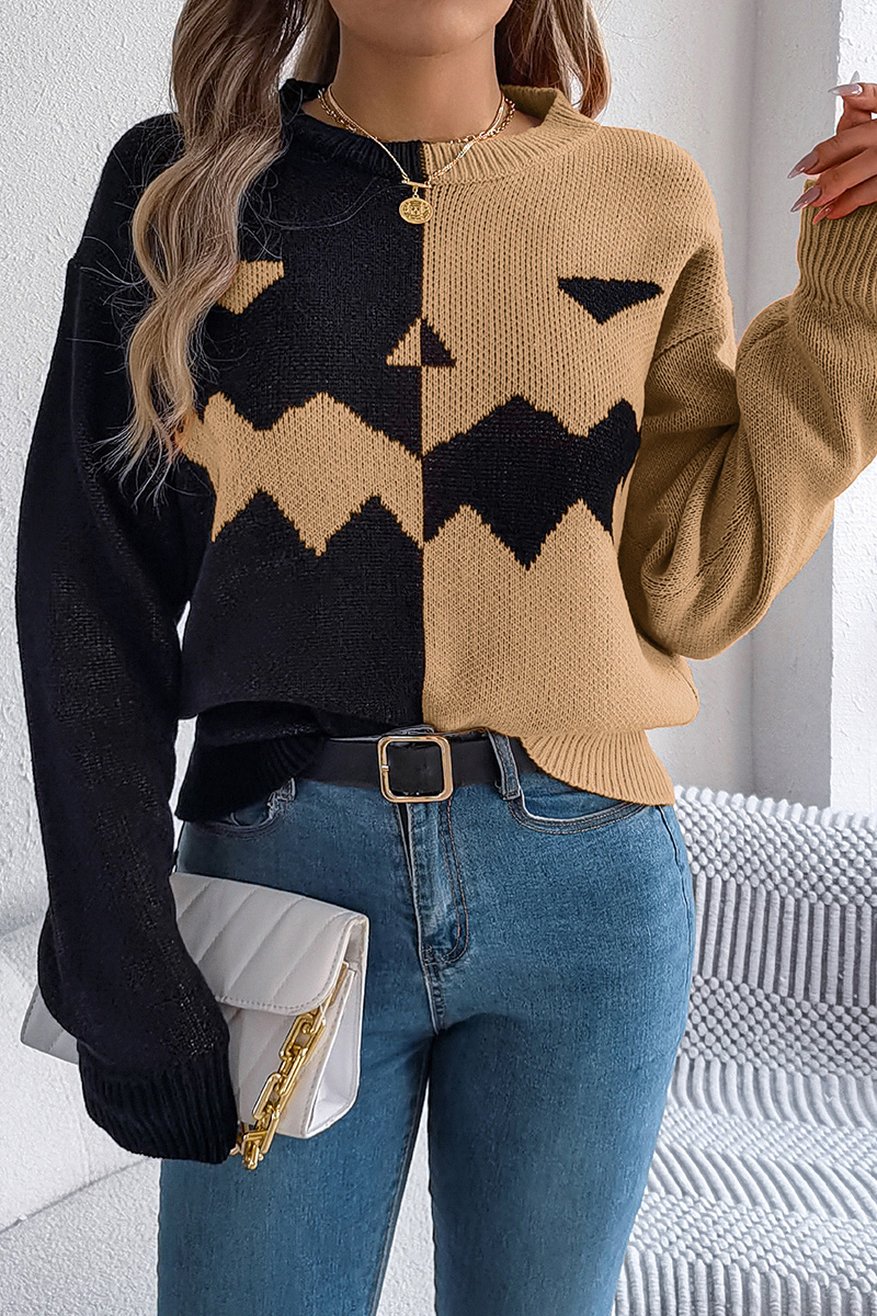 Women Halloween Ghost Pumpkin Contrast Long Sleeve Pullover Sweater